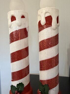 Mr Christmas 24" Peppermint Candle Set of 2 Red White Glitter w/ Timer